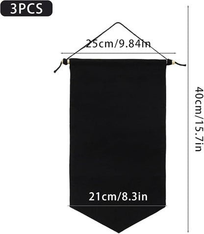 3 PCS Canvas Banner Blank with Wooden Dowel, Canvas Banners Wall Hanging Brooch Jewelry Badges Display, Enamel Pin Holder Display for Buttons Earrings (Black, Small)