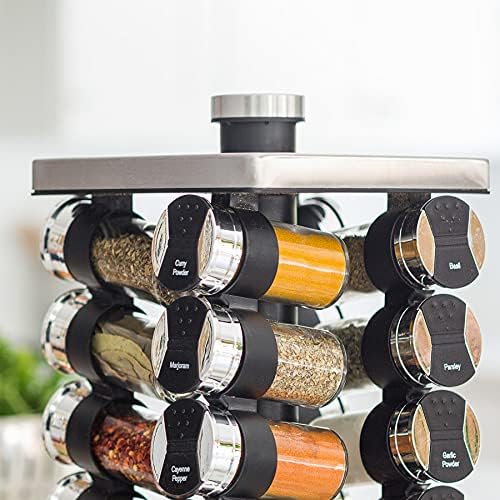 Orii 20 Jar Spice Rack with Spices Included & 5-Year Free Spice Refill Program - Tower Organizer for Kitchen Spices and Seasonings, (Silver Black)