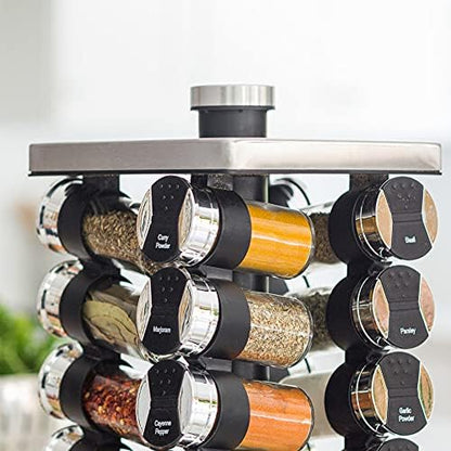 Orii 20 Jar Spice Rack with Spices Included & 5-Year Free Spice Refill Program - Tower Organizer for Kitchen Spices and Seasonings, (Silver Black)