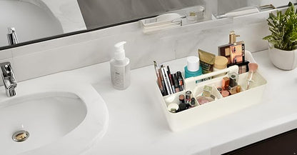 New Plastic Portable Makeup Organizer Caddy Tote Divided Basket Bin with Handle, for Bathroom Storage - Holds Blush Makeup Brushes, Eyeshadow Palette, Lipstick - Extra Large Made In USA (Ivory)