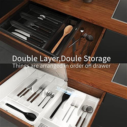 Double Layer Silverware Tray with Lid, Drawer Organizer for Utensil Tray, Cutlery Storage Holder with Cover, White
