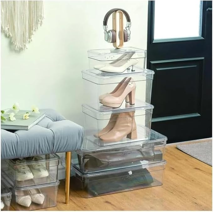 Mainstays Clear Glossy Plastic Extra Tall Closet Storage Shoe Organizer Box with Lid, Pack of 1, 10.5in W x 14.75in D x 8.25in H