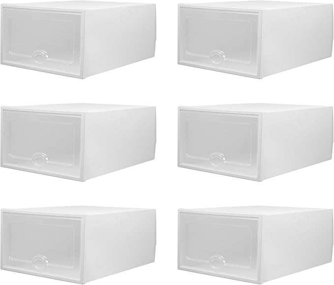SEWACC 6pcs White Plastic Shoe Storage Boxes, 33x23x14cm Drawer-style Shoe Organizer Containers with Flip Lids for Home Closet Storage
