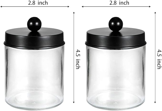 Amolliar Apothecary Jars Bathroom Storage Organizer - Cute Qtip Dispenser Holder Vanity Canister Jar Glass with Lid for Cotton Swabs,Rounds,Bath Salts,Makeup Sponges,Hair Accessories/Black（2 Pack）