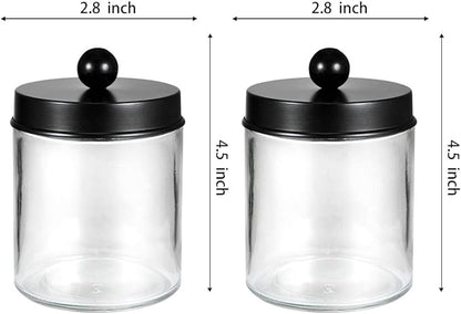 Amolliar Apothecary Jars Bathroom Storage Organizer - Cute Qtip Dispenser Holder Vanity Canister Jar Glass with Lid for Cotton Swabs,Rounds,Bath Salts,Makeup Sponges,Hair Accessories/Black（2 Pack）