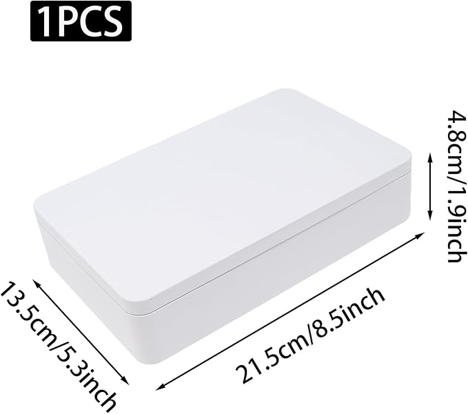 White Metal Tin Box with Lid, 8.5 x 5.3 x 1.9 Inch Rectangular Empty Tin Box for Home Storage