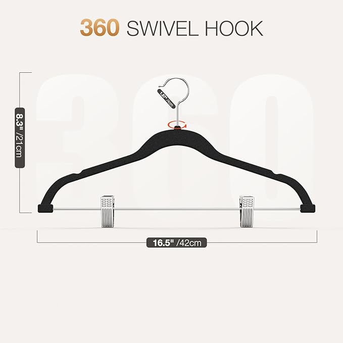 Korpai 24-Pack Black Velvet Hangers with Clips Adjustable,Outfit Hangers,Heavy-Duty,Non-Slip,Space Saving, Felt Hanger for Pants, Skirts, Suits,Coats, Dresses ect.