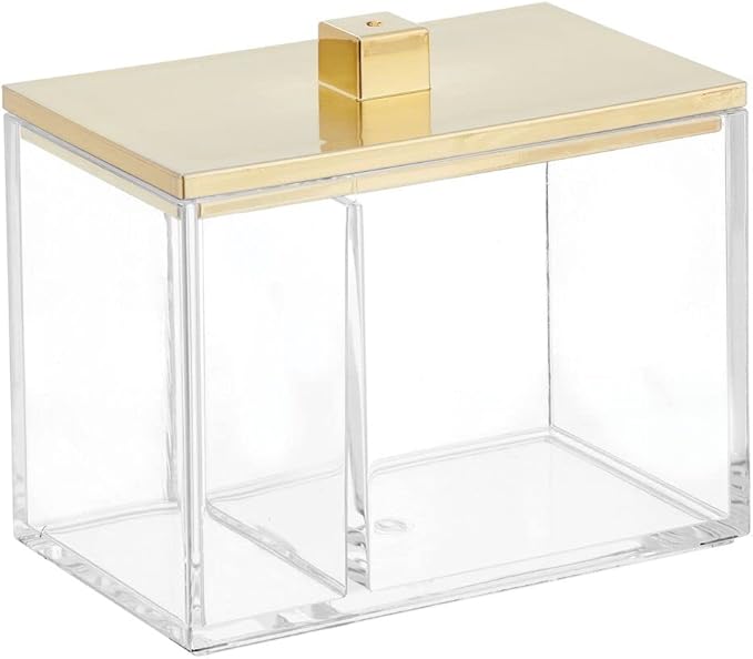 mDesign Modern Square Bathroom Vanity Countertop Storage Organizer Canister Jar for Cotton Swabs, Rounds, Balls, Makeup Sponges, Bath Salts - 2 Divided Sections - Clear/Soft Brass