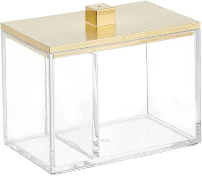 mDesign Modern Square Bathroom Vanity Countertop Storage Organizer Canister Jar for Cotton Swabs, Rounds, Balls, Makeup Sponges, Bath Salts - 2 Divided Sections - Clear/Soft Brass