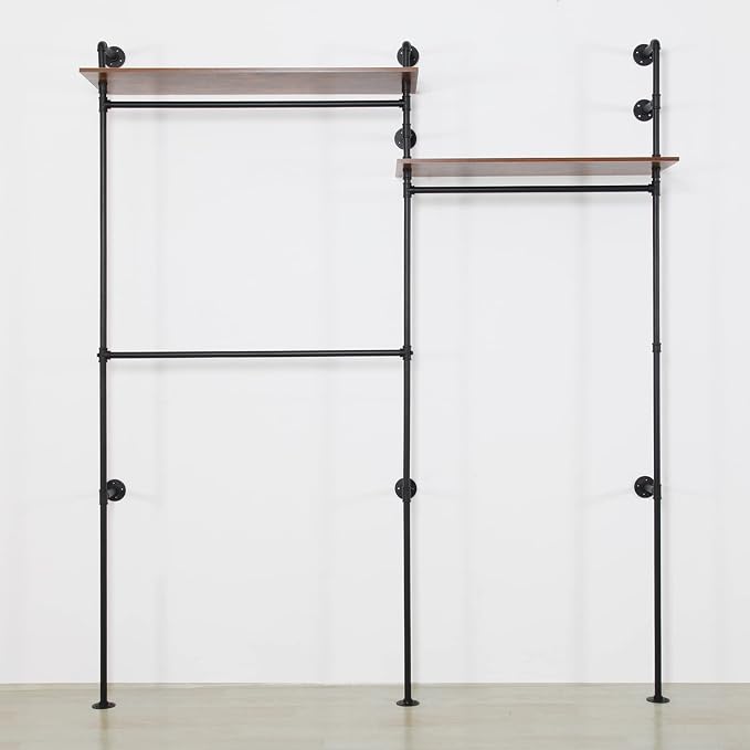 Industrial Pipe Clothing Rack with 2 Shelves, Clothes Rack Wall Mounted Heavy Duty Clothing Store Display Stands Garment Rack Closet System(Black, 96.5x80.7inch)