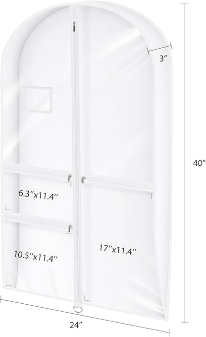 Univivi Garment Bags for Dance Costumes, 40" Foldable Dance Costume Garment Bag with 3 Zipper Pockets and 3" Gusset, Dance Dress Bags for Hanging Clothes (5 Pack, White)