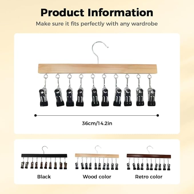 Legging Organizer for Closet, 2026 New Pants Hangers with 10 Clips, Space-Saving Clothes and Hat Storage Hook, Hanging Closet Organizer Hanger Clips for Skirts, Shorts, Trousers, Socks (Wood)
