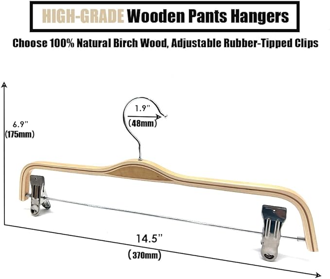 30 Pack 14.5" Natural Wooden Pants Hangers, Clothes Display Wood Skirt Hanger Bottom Hangers Metal Adjustable Clips Hanger for Slacks, Jeans, Shorts