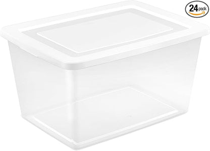 Sterilite 24 Pack Storage Box, 58 Quart Stackable Tote, Clear Plastic Container with Secure Snapping Lids for Home and Office Organization, White