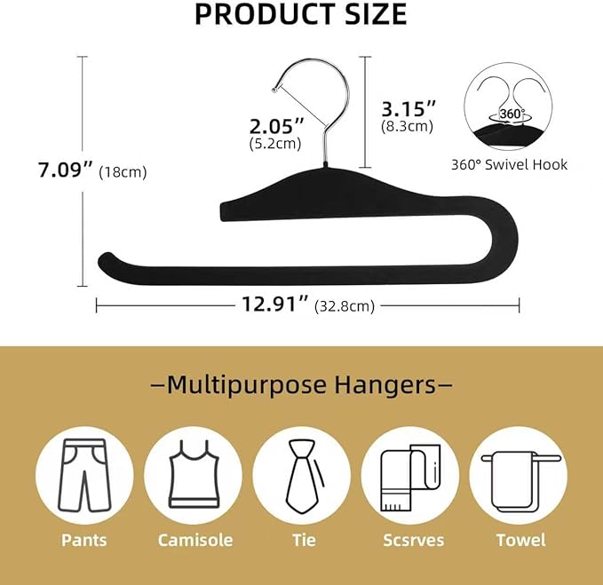 Velvet Pants Hangers, 10 Pack Non-Slip Open Ended Hangers with 360° Swivel Hook Slim Space Saving Jeans Hangers for Pants, Scarves, Ties, Towels, Black
