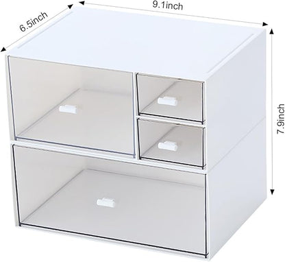 Marknor Desk Organizer with 4 Drawers, Makeup Organizer, Plastic Sundries Storage, Vanity Organizer, Cosmetic Storage Organizer, Desk Storage Box, Bathroom Counter or Dresser, White (CD-QBH-01)