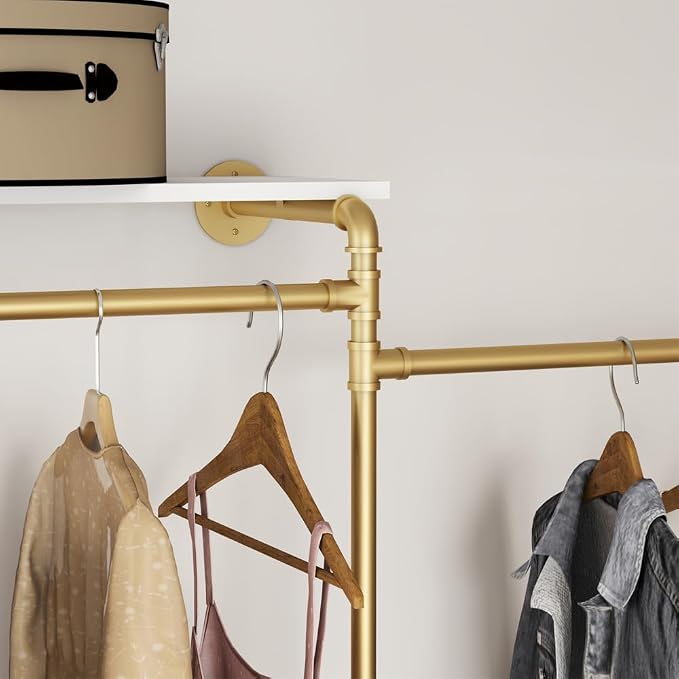 KaKaBB Industrial Pipe Clothing Rack with Shelves, Wall Mounted Gold Corner Clothes Rack, Adjustable Closet System for Walk in Closets, Heavy Duty Metal Garment Organizer (73" W x 84" H)