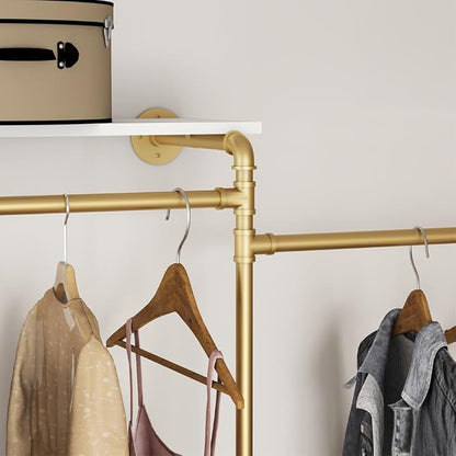 KaKaBB Industrial Pipe Clothing Rack with Shelves, Wall Mounted Gold Corner Clothes Rack, Adjustable Closet System for Walk in Closets, Heavy Duty Metal Garment Organizer (73" W x 84" H)