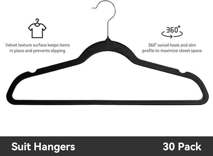 Premium Velvet Hangers 30 Pack, Non-Slip Suit Clothes Hangers, 360 Degree Swivel Hooks and Slim Profile to Maximize Closet Space Black/Silver