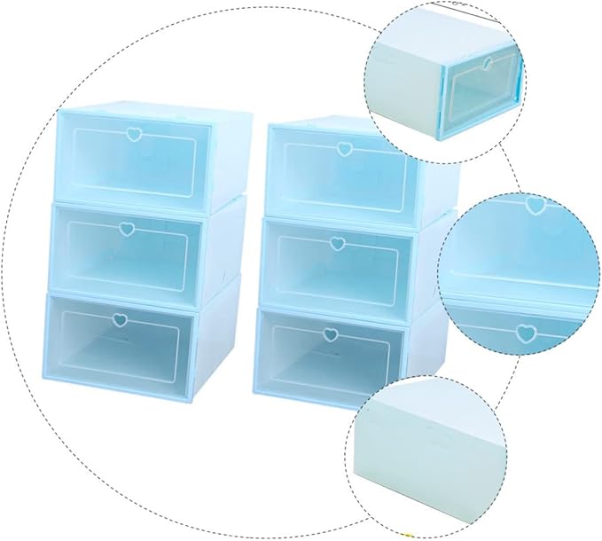 6pcs Transparent Clamshell Shoe Storage Box Capacity Organizer for Easy Access Plastic Design for Sneakers and Seasonal Footwear Heart Blue Color