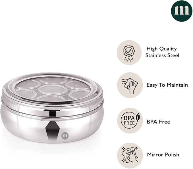 MARU 7 In 1 Stainless Steel Belly Shape Masala Box, Masala Dabba For Kitchen, Spice Box, Masala Dani With See Through Lid 7 Containers And 3 Spoons (Size 11, 18.5Cm) Silver