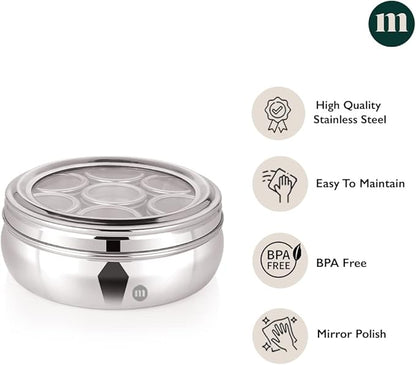 MARU 7 In 1 Stainless Steel Belly Shape Masala Box, Masala Dabba For Kitchen, Spice Box, Masala Dani With See Through Lid 7 Containers And 3 Spoons (Size 11, 18.5Cm) Silver