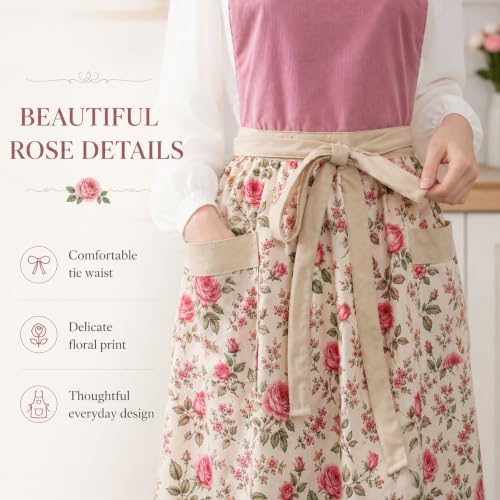 Pinafore Apron Dress for Women with Pockets Adjustable Floral Kitchen Apron - Image 3
