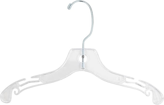 12 inch Wide Reinforced Clear Plastic Child Shirt Hangers with Swivel Hook and Notched Shoulders (Quantity 100) (Clear, 100)