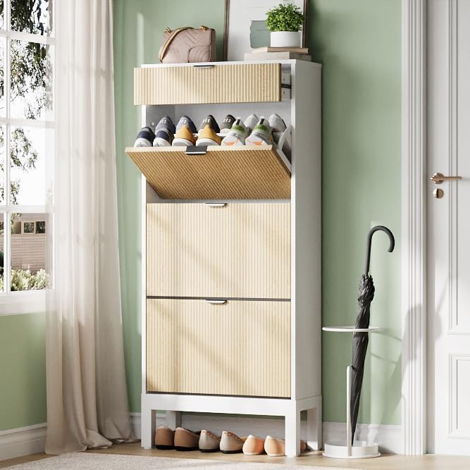 IDEALHOUSE Shoe Storage Cabinet with 3 Flip Drawers, Farmhouse Fluted Shoe Organizer with Metal Legs, Freestanding Hidden Slim Narrow Shoe Rack for Entryway, Foyer, Hallway