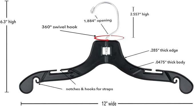 NAHANCO Children’s Plastic Shirt Hangers, Super Heavy Weight - 12" Black with Chrome Hook (Pack of 100), Made in USA