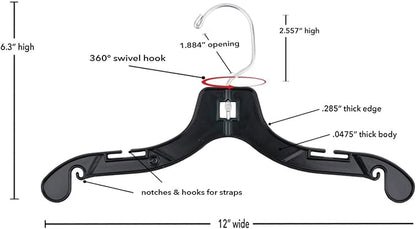 NAHANCO Children’s Plastic Shirt Hangers, Super Heavy Weight - 12" Black with Chrome Hook (Pack of 100), Made in USA