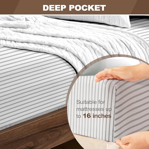 FreshCulture California King Fitted Sheet Only - Hotel Quality Fitted Sheet - Ultra Soft & Breathable - Brushed Microfiber - Deep Pocket - Cooling Fitted Sheets for Cal King Size Bed (Stripe Grey) - Image 4