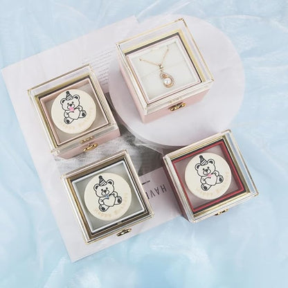 Magic Flip Jewelry Carousel with Heart Button Surprise, Rotating Transparent Gift Box - Bear Cake or Flower Design Organizer for Necklaces & Rings, Birthday Mothers Day Gifts for Women (White Bear)