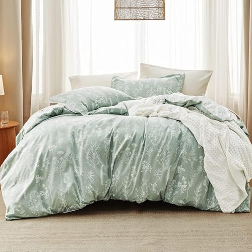 Bedsure Floral Comforter Set Cute Bedding Set King Reversible Sage Green by BEDSURE