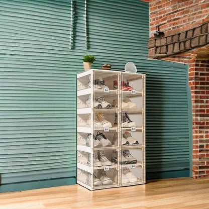 ANTBOX Foldable Shoe Rack,Shoe Organizers for Closet Plastic Shoe Storage Box For Entryway,Living Room,Large Sturdy Stackable Sneaker Cabinet Bins With Magnetic Clear Door 6 Tiers 12 Pairs