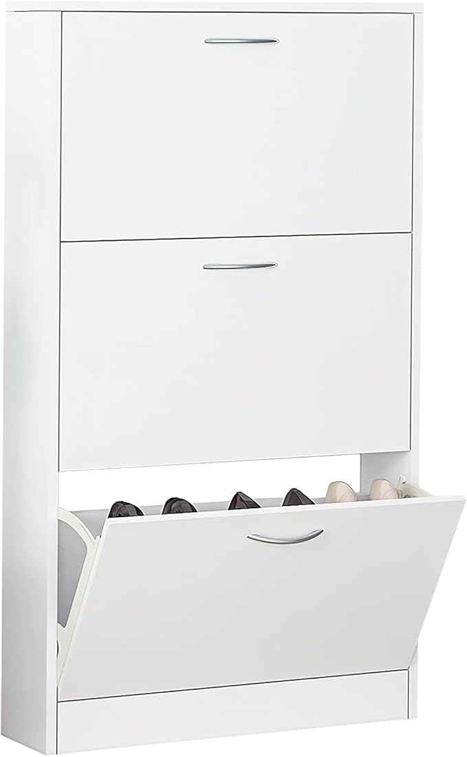 Shoe Storage Cabinets, Free Standing Shoe Organizer with 3 Flip Drawers for Entryway, Narrow 3 Tier Entryway Hidden Shoe Rack with Doors for Heels, Boots, Slippers (White-3 Flip Drawers)