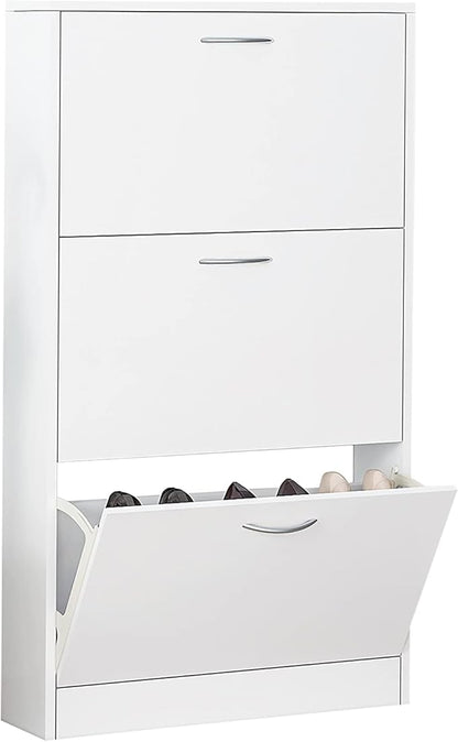 White Narrow Shoe Storage Cabinet - 3-Tier Freestanding Shoe Rack - 3 Flip Drawers Entryway Cupboard Organizer