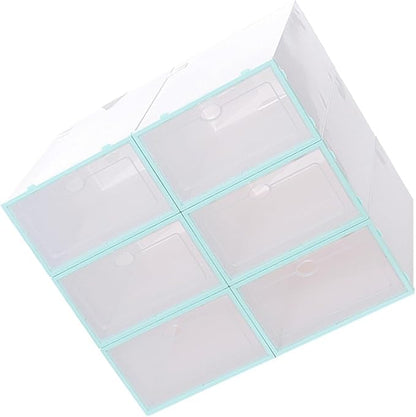 6pcs Stackable Shoe Boxes Thickened Plastic Shoe Containers with Blue Frame for Men Space-saving Organizer for Closet and Entryway