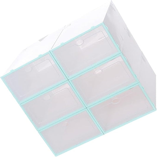 6pcs Stackable Shoe Boxes Thickened Plastic Shoe Containers with Blue Frame for Men Space-saving Organizer for Closet and Entryway