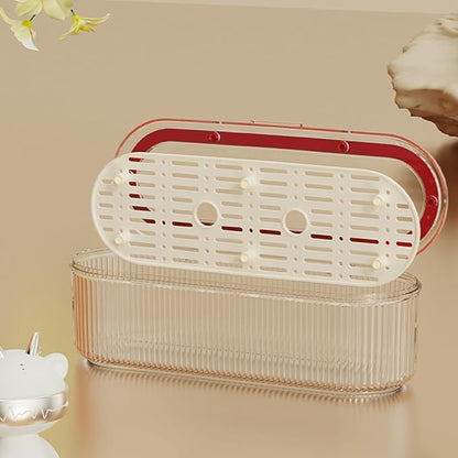 Silverware Organizer with Lid and Drainer, Covered Utensil Tray for Kitchen Drawer and Countertop, Red Clear Plastic Cutlery and Flatware Storage Box for Spoons Forks Knives Holder Case