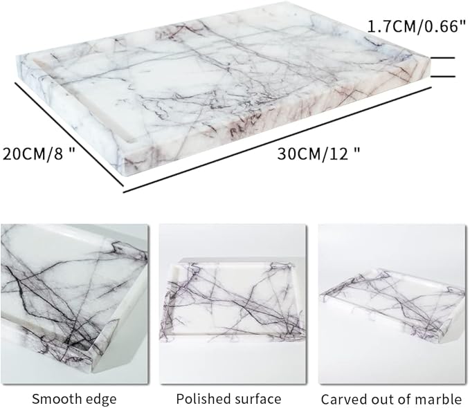 Real Luxurious Vanity Tray Natural Genuine Marble Storage Tray for Home Decor Stone Tray for Bathroom/Kitchen/Vanity/Dresser Non-Resin/Non-Ceramic(Lilac)