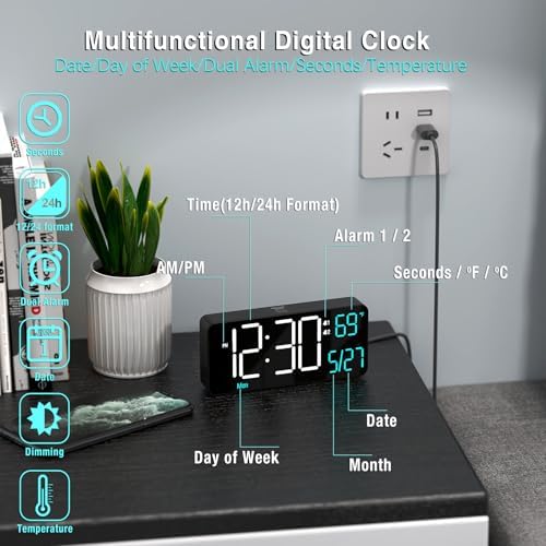 KOSUMOSU Alarm Clocks for Living Room, 6.7in Small Digital Clock for Bedroom, Auto Dimming,Date,Day of Week,Seconds or Indoor Temperature,Digital Alarm Clocks for Bedrooms,LED Desk Clock - Image 5