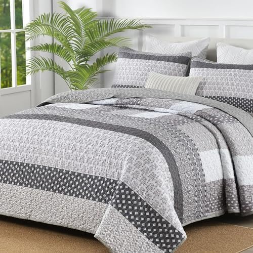 WONGS BEDDING Grey Queen Size Quilt Set, Boho Striped Bedspread by WONGSBEDDING