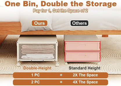 2 Pack Under the Bed Storage Containers,10 inch Height Under Bed Shoe Storage,31inch Long Underbed Storage with Wheels,Large Rolling under bed Clothes Storage Drawers with Lid for Dorm Tall ,Ivory