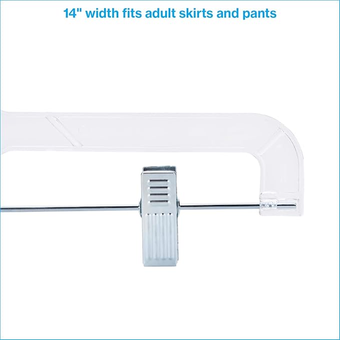 SSWBasics 14 Inch Clear Plastic Skirt Hangers and Pants Hangers with Clips - Pack of 20 Durable Hangers with Clips for Skirts and Pants
