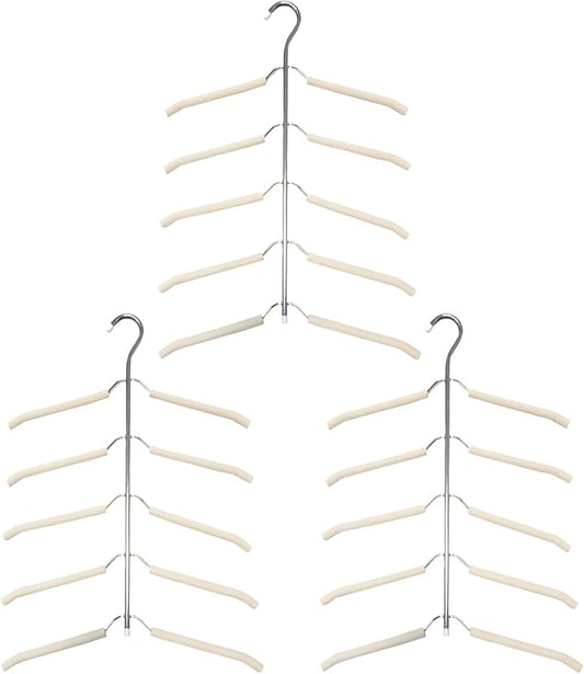 3-Pack 5-in-1 Space Saving Blouse Hangers - Non-Slip Padded Swing Arm Coat Hangers, Heavy Duty Stainless Steel for Shirts & Sweaters (White)