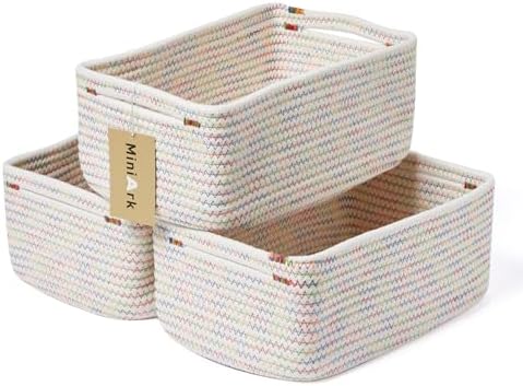 MiniArk Small Storage Baskets for Organizing | Closet Organizer Bins | Shelf Toy Basket | Woven Rope Baskets | Cube Decorative Box | Shallow Basket | 13x8.5x5.1” | 3 Packs Rainbow by MiniArkStorageBasketsHome