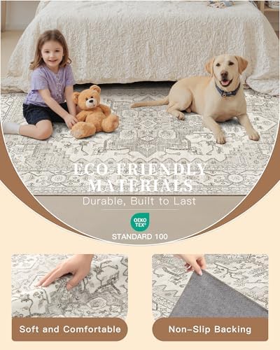 Madane Area Rug 3x5, Washable Vintage Entry Rugs for Bedroom, Beige/Brown - Image 5