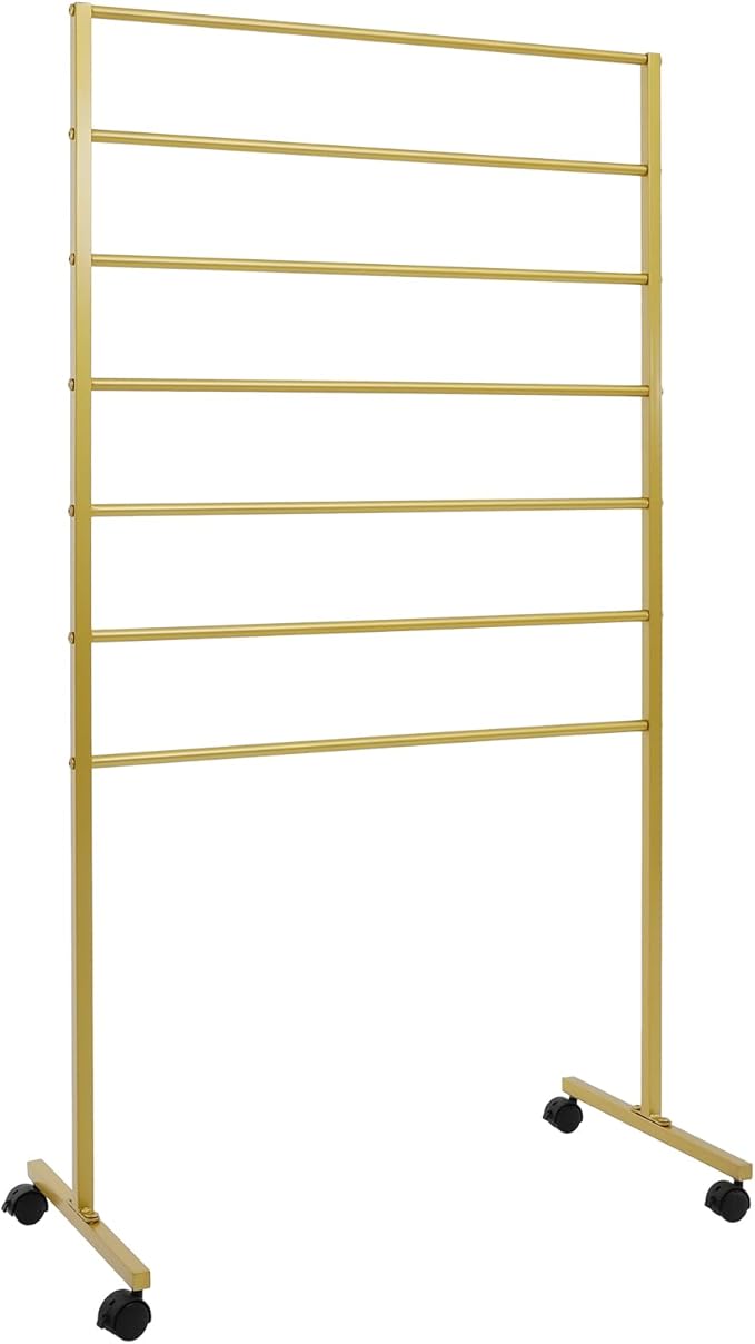 Metal Scarf Display Stand with 360 Swivel Caster Wheels, 7-Tier Movable Freestanding Scarf Holder, Hijab Hanger for Clothing Store Boutique Display Commercial Home (Gold)