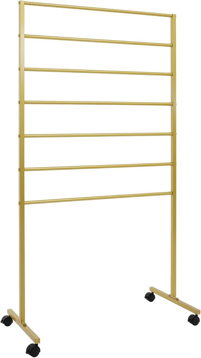 Metal Scarf Display Stand with 360 Swivel Caster Wheels, 7-Tier Movable Freestanding Scarf Holder, Hijab Hanger for Clothing Store Boutique Display Commercial Home (Gold)